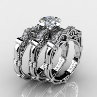 Art Masters Caravaggio Trio 14K White Gold 1.25 Ct Princess White Sapphire Diamond Engagement Ring Wedding Band Set R623PS3-14KWGDWS