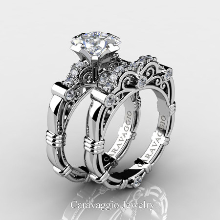 Art Masters Caravaggio 950 Platinum 1.25 Ct Princess White Topaz Diamond Engagement Ring Wedding Band Set R623PS-PLATDWT
