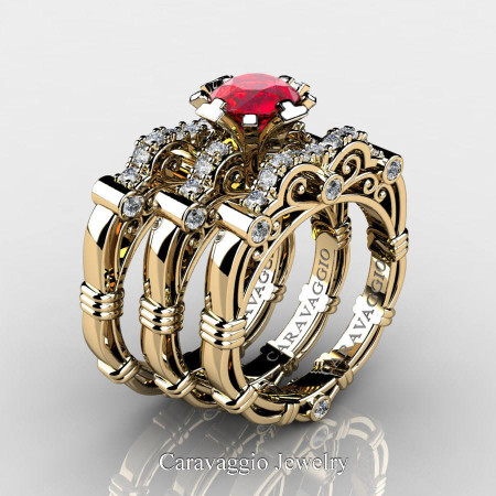 Art Masters Caravaggio Trio 14K Yellow Gold 1.0 Ct Ruby Diamond Engagement Ring Wedding Band Set R623S3-14KYGDR