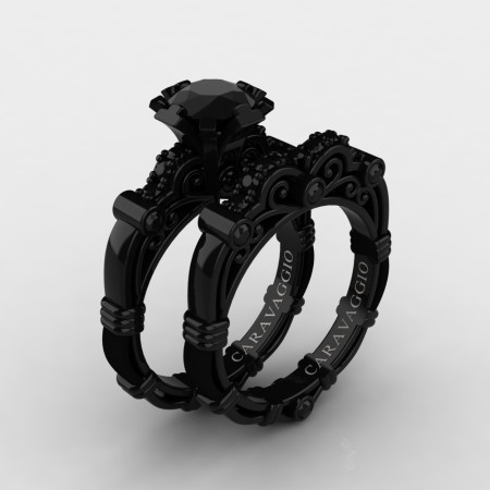 Art Masters Caravaggio 14K Black Gold 1.0 Ct Black Sapphire Engagement Ring Wedding Band Set R623S-14KBGBLS
