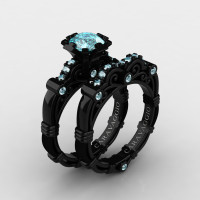 Art Masters Caravaggio 14K Black Gold 1.0 Ct Blue Diamond Engagement Ring Wedding Band Set R623S-14KBGBLD