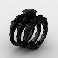 Art Masters Caravaggio Trio 14K Black Gold 1.0 Ct Black Sapphire Engagement Ring Wedding Band Set R623S3-14KBGBLS
