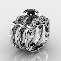 Art Masters Caravaggio Trio 950 Platinum 1.0 Ct Black Sapphire White Diamond Engagement Ring Wedding Band Set R623S3-PLATDBLS