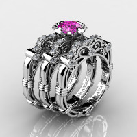 Art Masters Caravaggio Trio 950 Platinum 1.0 Ct Pink Sapphire White Diamond Engagement Ring Wedding Band Set R623S3-PLATDPS