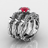 Art Masters Caravaggio Trio 950 Platinum 1.0 Ct Rose Ruby Diamond Engagement Ring Wedding Band Set R623S3-PLATDRR