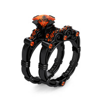 Art Masters Caravaggio 14K Black Gold 1.25 Ct Princess Orange Sapphire Engagement Ring Wedding Band Set R623PS-14KBGOS