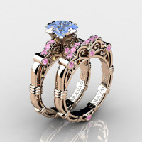 Art Masters Caravaggio 14K Rose Gold 1.25 Ct Princess Light Blue and Pink Sapphire Engagement Ring Wedding Band Set R623PS-14KRGLPSLBS