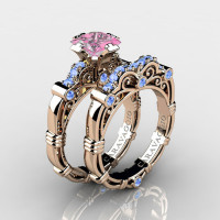 Art Masters Caravaggio 14K Rose Gold 1.25 Ct Princess Light Pink and Blue Sapphire Engagement Ring Wedding Band Set R623PS-14KRGLBSLPS