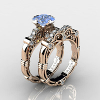 Art Masters Caravaggio 14K Rose Gold 1.25 Ct Princess Light Blue Sapphire Diamond Engagement Ring Wedding Band Set R623PS-14KRGDLBS