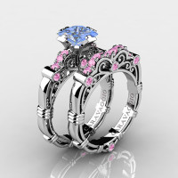 Art Masters Caravaggio 14K White Gold 1.25 Ct Princess Light Blue and Pink Sapphire Engagement Ring Wedding Band Set R623PS-14KWGLPSLBS