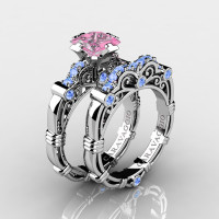 Art Masters Caravaggio 14K White Gold 1.25 Ct Princess Light Pink and Blue Sapphire Engagement Ring Wedding Band Set R623PS-14KWGLBSLPS