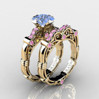 Art Masters Caravaggio 14K Yellow Gold 1.25 Ct Princess Light Blue and Pink Sapphire Engagement Ring Wedding Band Set R623PS-14KYGLPSLBS