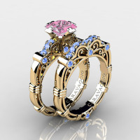 Art Masters Caravaggio 14K Yellow Gold 1.25 Ct Princess Light Pink and Blue Sapphire Engagement Ring Wedding Band Set R623PS-14KYGLBSLPS