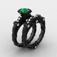 Art Masters Caravaggio 14K Black Gold 1.0 Ct Emerald Diamond Engagement Ring Wedding Band Set R623S-14KBGDEM