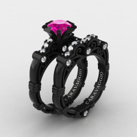 Art Masters Caravaggio 14K Black Gold 1.0 Ct Pink Sapphire Diamond Engagement Ring Wedding Band Set R623S-14KBGDPS