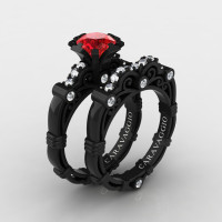 Art Masters Caravaggio 14K Black Gold 1.0 Ct Ruby Diamond Engagement Ring Wedding Band Set R623S-14KBGDR