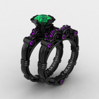 Art Masters Caravaggio 14K Black Gold 1.0 Ct Emerald Amethyst Engagement Ring Wedding Band Set R623S-14KBGAMEM