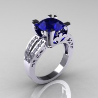 Modern Vintage 14K White Gold 3.0 CT Blue Sapphire Diamond Solitaire Ring R102-14KWGDBS