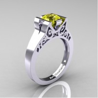 Modern Art Deco 14K White Gold 1.0 Ct Yellow Sapphire Engagement Ring R36N-14KWGYS