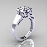 Modern Art Deco 14K White Gold 1.0 Ct White Sapphire Engagement Ring R36N-14KWGWS