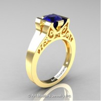 Modern Art Deco 14K Yellow Gold 1.0 Ct Blue Sapphire Engagement Ring R36N-14KYGBS