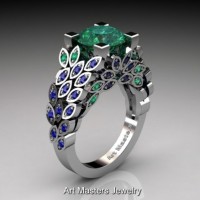 Art Masters Nature Inspired 14K White Gold 3.0 Ct Emerald Blue Sapphire Engagement Ring R299-14KWGBSEM