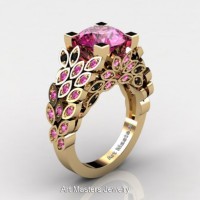 Art Masters Nature Inspired 14K Yellow Gold 3.0 Ct Pink Sapphire Black Diamond Engagement Ring R299-14KYGBDPS