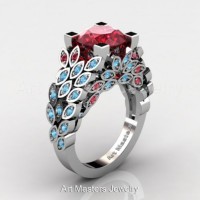 Art Masters Nature Inspired 14K White Gold 3.0 Ct Rubies Blue Topaz Engagement Ring R299-14KWGBTR