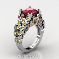 Art Masters Nature Inspired 14K White Gold 3.0 Ct Rubies Yellow Sapphire Engagement Ring R299-14KWGYSR