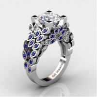 Art Masters Nature Inspired 14K White Gold 3.0 Ct Russian Ice CZ Blue Sapphire Engagement Ring R299-14KWGBSRICZ