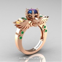Art Masters Jewelry Winged Skull 14K Rose Gold 1.0 Ct Alexandrite Emerald Solitaire Engagement Ring R613-14KRGEMAL