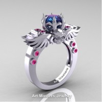 Art Masters Jewelry Winged Skull 14K White Gold 1.0 Ct Alexandrite Pink Sapphire Solitaire Engagement Ring R613-14KWGPSAL