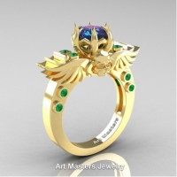 Art Masters Jewelry Winged Skull 14K Yellow Gold 1.0 Ct Alexandrite Emerald Solitaire Engagement Ring R613-14KYGEMAL