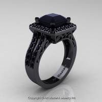 Art Deco 14K Black Gold 3.0 Ct Royal Emerald Cut Black Diamond Engagement Ring Wedding R262-14KBGBD