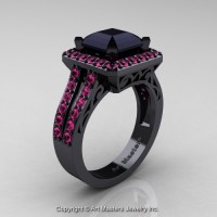 Art Deco 14K Black Gold 3.0 Ct Royal Emerald Cut Black Diamond Pink Sapphire Engagement Ring Wedding R262-14KBGPSBD