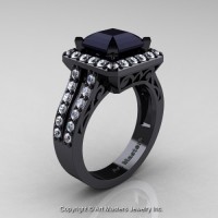 Art Deco 14K Black Gold 3.0 Ct Royal Emerald Cut Black and White Diamond Engagement Ring Wedding R262-14KBGDBD