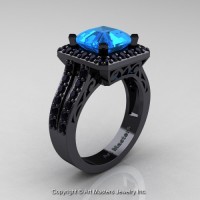 Art Deco 14K Black Gold 3.0 Ct Royal Emerald Cut Blue Topaz Black Diamond Engagement Ring Wedding R262-14KBGBDBT
