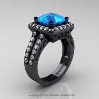 Art Deco 14K Black Gold 3.0 Ct Royal Emerald Cut Blue Topaz Diamond Engagement Ring Wedding R262-14KBGDBT