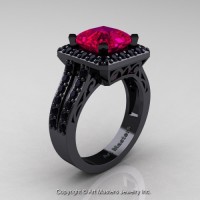 Art Deco 14K Black Gold 3.0 Ct Royal Emerald Cut Pink Sapphire Black Diamond Engagement Ring Wedding R262-14KBGBDPS