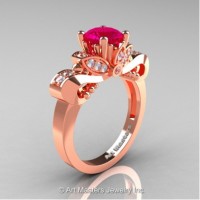 Classic 14K Rose Gold 1.0 Ct Rose Ruby White Diamond Solitaire Engagement Ring R323-14KRGDRR