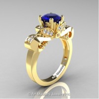 Classic 14K Yellow Gold 1.0 Ct Blue Sapphire and White Diamond Solitaire Engagement Ring R323-14KYGDBS