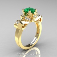 Classic 14K Yellow Gold 1.0 Ct Emerald and White Diamond Solitaire Engagement Ring R323-14KYGDEM