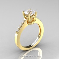 Classic French 14K Yellow Gold 1.0 Ct White Sapphire White Diamond Solitaire Ring R101-14YGDWS