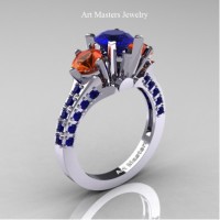 Classic French 14K White Gold Three Stone 2.0 Ct Blue and Orange Sapphire Solitaire Ring R421-14KWGOSBS