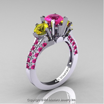 Classic-French-14K-White-Gold-Three-Stone-2-Ct-Pink-Yellow-Sapphire-Solitaire-Wedding-Ring-R421-14KWGYSPS-P-402×402