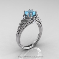 French 14K White Gold 1.0 Ct Princess Aquamarine Diamond Lace Engagement Ring Wedding Ring R175P-14KWGDAQ