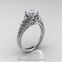 French 14K White Gold 1.0 Ct Princess White Sapphire Diamond Lace Engagement Ring Wedding Ring R175P-14KWGDWS