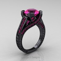 George K Classic 14K Black Gold 3.0 Ct Pink Sapphire Engraved Engagement Ring R364-14KBGPS