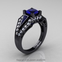 Edwardian 14K Black Gold 1.0 Ct Blue Sapphire Diamond Engagement Ring R285-14KBGDBS