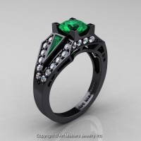 Edwardian 14K Black Gold 1.0 Ct Emerald Diamond Engagement Ring R285-14KBGDEM